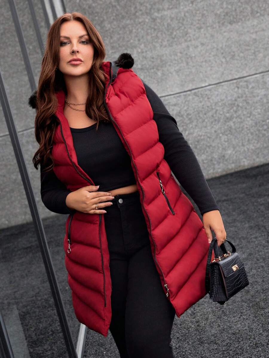 RueChic Plus Size Winter Warm Zip-Up Patchwork Hooded Padded Vest
