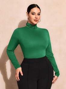SHEIN SXY 大码纯色修身高领长袖百搭 T 恤基本款 T 恤 - 墨綠色 - 查看 2