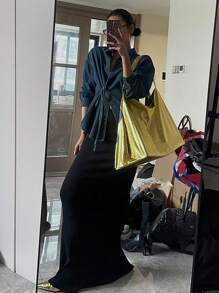 DAZY 女式前扣前系带长袖牛仔上衣 - 深色水洗藍 - 查看 2