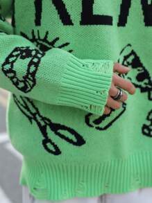 Manfinity EMRG Men's Casual Contrast Pattern Round Neck Green Graphic Color Block Pullover Long Sleeve Sweater, Autumn/Winter, For Going Out, Friends