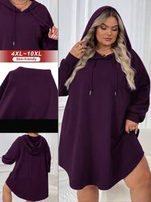 SHEIN CURVE+ Women Plus Size Casual Sports Loose Fit Hooded Sweatshirt Dress With Arched Hem, Autumn/Winter Fall