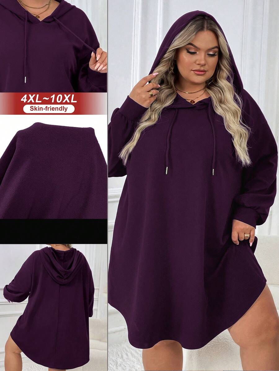 SHEIN CURVE+ Women Plus Size Casual Sports Loose Fit Hooded Sweatshirt Dress With Arched Hem, Autumn/Winter Fall