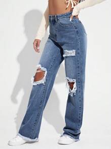 SHEIN EZwear Women's SummerRipped Cutout Wide Leg Jeans - Dark Wash - View 3