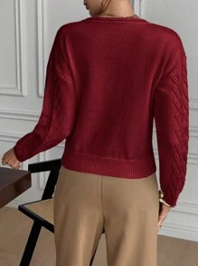 SHEIN Frenchy 女士纯色圆领刺绣休闲百搭长袖毛衣 - 紅色 - 查看 2