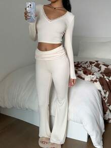 SHEIN EZwear Vrouwen V-hals Bodycon Top met lange mouwen en wijde broek 2-delige set, ribgebreid, comfortabel om thuis te dragen, herfst/winter