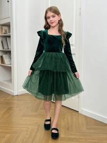 SHEIN Vestido elegante y elegante de fiesta para niñas preadolescentes, con cuello alto, panel de terciopelo con volantes y malla plateada, adecuado para fiestas de Navidad, graduación y bailes de promoción
