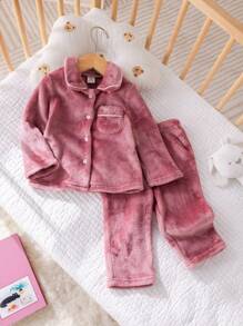 SHEIN Bộ đồ ngủ dài tay có túi cổ thêu đơn giản cho bé gái mùa thu/đông, quần áo vải nỉ mềm mại ấm áp cho bé gái Bộ đồ ngủ mùa đông cho bé gái - Bụi hồng - Xem 4