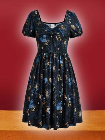 HARRY POTTER X SHEIN Women's Full Print Ruched Bust Puff Sleeve Sweetheart Neck Short Dress, Summer