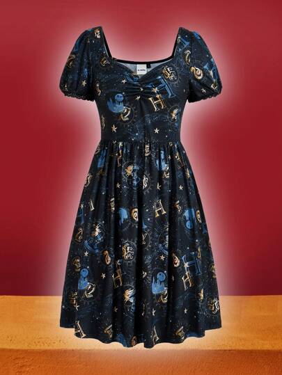 HARRY POTTER X SHEIN Women's Full Print Ruched Bust Puff Sleeve Sweetheart Neck Short Dress, Summer