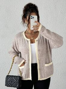 Flirla Plus Size Women Knit Crew Neck Fleece Pocket Long Sleeve Casual Cardigan Sweater - Khaki - View 1