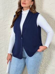 SHEIN Privé 大码纯色前扣无袖简约休闲优雅背心夹克 - 藏蓝色 - 查看 3