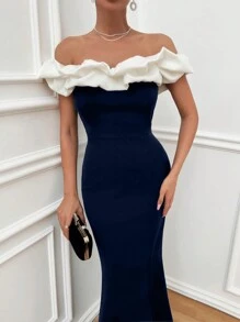 EURMUSE Two Tones Off Shoulder Ruffle Trim Bodycon Dress, Elegant Dress - Navy Blue - View 4