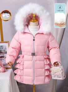 Young Girl Pink Fur Trim Hooded Multi-Layer Ruffle Hem Padded Jacket - Baby Pink - View 3