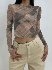 DAZY 女式格子印花圆领长袖短款时尚衬衫，秋季 - 彩色 - 查看 3