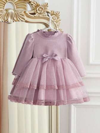 SHEIN Robe maille col Top avec nœud pour bébé fille, épaisse et chaude, confortable et à la mode, mignonne et douce, convient pour le port en extérieur en automne/hiver