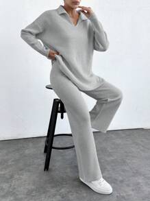 EURMUSE 2pcs/Set Solid Color Turn-Down Collar Sweater And Long Pants Outfit ,Petite Women - Grey - View 7