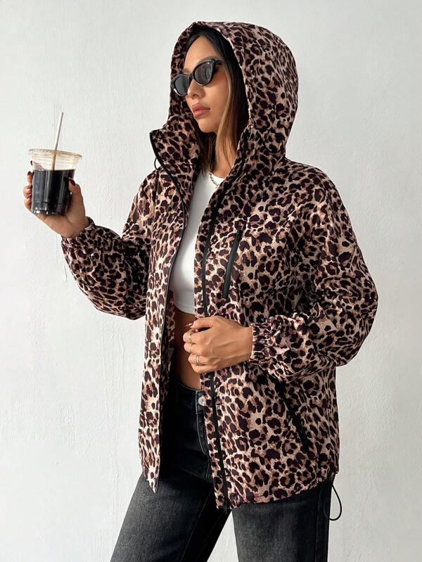 SHEIN PETITE Jachetă leopard cu glugă cu imprimeu leopard, în aer liber, toamnă și iarnă