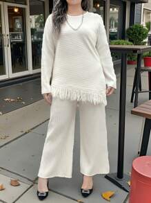 SHEIN Clasi Plus Size Crew Neck Long Sleeve Top With Tassel Hem And Pants Casual Suit Set
