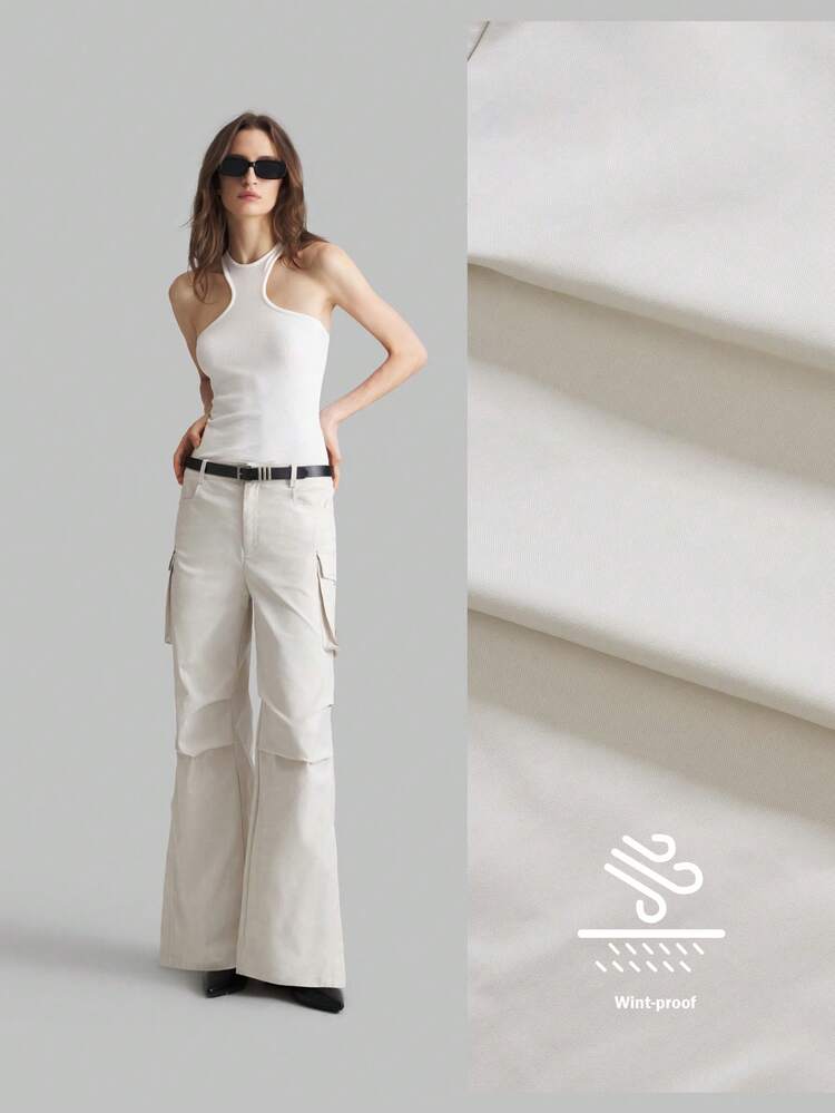 Light Grey Vintage Low-Waist Cargo Pocket Split Leg Casual Pants, Fashion Street Style, Autumn