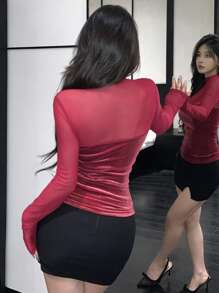 DAZY Women Sexy Long Sleeve Mesh Contrast Silky Form-Fitting T-Shirt, Autumn