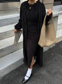SHEIN EZwear 女式两件套长袖超长夹克和侧开衩背心裙 - 黑色 - 查看 4