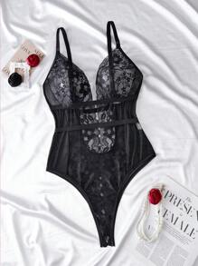 Plus Size Sexy Lace Ruffled Romper, Charming Lingerie - Black - View 7