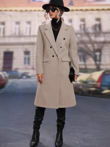 SHEIN Clasi Áo khoác ngoài cổ ve tối giản giản dị cho nữ mùa thu hai hàng khuy - Màu be - Xem 3