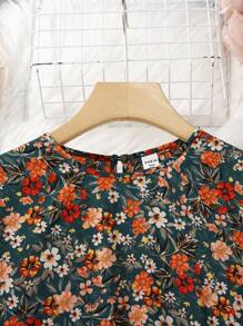 SHEIN Teen Girls Olive Green & Black Ground Red & Yellow Ditsy Floral Ruffled Hem Long Sleeve Peplum Dress, Elegant Retro Casual Versatile - Multicolor - View 5