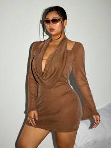 SHEIN ICON Plus Size Women Icon Pattern Halter-Neck, Knit Long Sleeve Dress - Brown - View 3