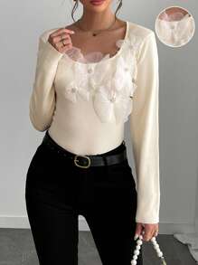 Chiquease 优雅女士小领3D立体花卉装饰长袖套头毛衣针织衫秋冬款 - 杏色 - 查看 1