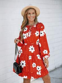 SHEIN LUNE Colorful Flower Prints Midi Dresses,Suitable For Christmas - Multicolor - View 4