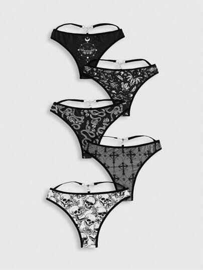 5pcs Gothic Skull, Snake, Mushroom, Bat, Cross Print Women's Plus Size Bikini Brief Underwear