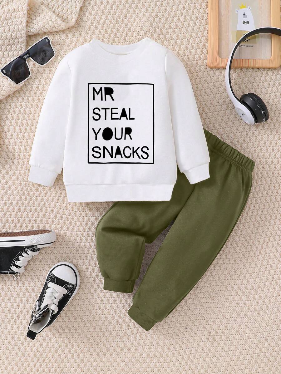 SHEIN 2 件套男婴休闲字母印花圆领运动衫和裤子套装，适合秋冬季 - 白色 - 查看 1