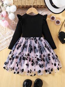 Elladie kids Young Girl Floral Print Ruffle Mesh Splice Long Sleeve Dress - Pink - View 2