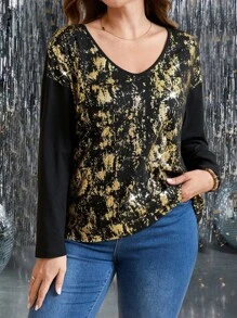 Plus Size Women's V-Neck Dropped Shoulder Foil Print Long Sleeve Fashion T-Shirt For Autumn - Multicolor - View 4