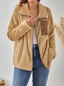 EMERY ROSE Chaqueta informal con cremallera, con bloque de color y diseño esponjoso, para mujer de talla grande, apta para otoño/invierno