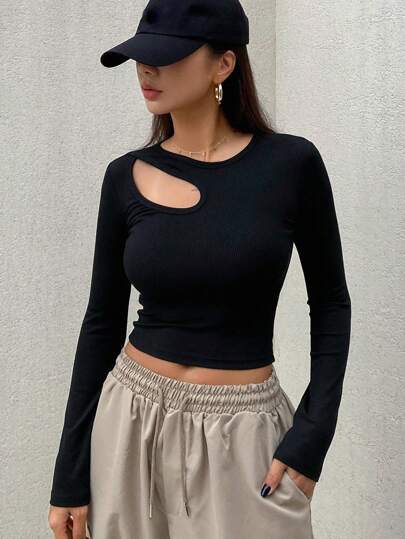 DAZY 女士纯色镂空圆领修身长袖 T 恤，秋季服装短款女式上衣