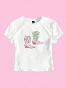 SHEIN Unity 夏季白色女式 T 恤短款 T 恤西部靴子印花西部元素露脐图案 T 恤女式上衣 - 白色 - 查看 1