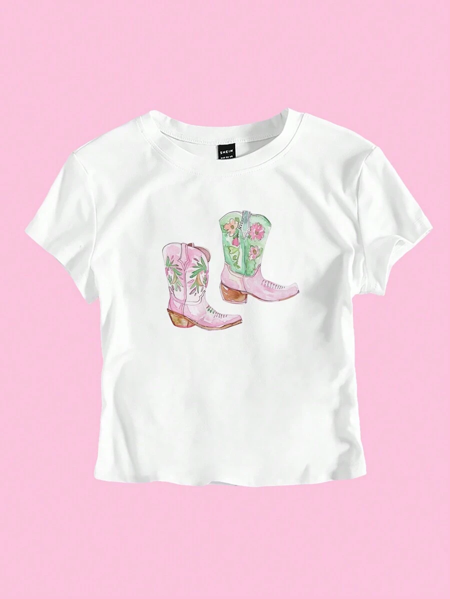 SHEIN Unity 夏季白色女式 T 恤短款 T 恤西部靴子印花西部元素露脐图案 T 恤女式上衣 - 白色 - 查看 1