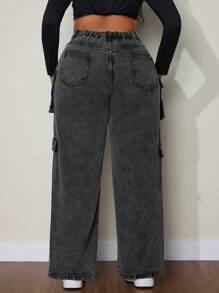 SHEIN SXY Plus Size Damskie Jednokolorowe Luźne Kieszenie Swobodne Uniwersalne Jeansy Cargo