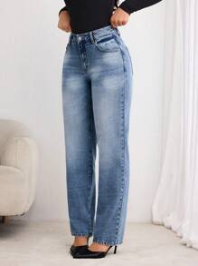 SHEIN LUNE 女士休闲水洗斜口袋直筒牛仔裤