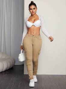 SHEIN SXY 女式常规腰部弹力工装裤，卡其色，多口袋设计，休闲紧身款式，适合所有季节 - 卡其色 - 查看 5