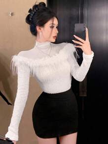 DAZY 情人节女士高领网眼毛绒拼接长袖上衣，秋季服装 - 白色 - 查看 7