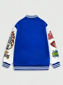 ROMWE MEN Street Life 男士秋季字母唇印拼色长袖单排扣休闲棒球夹克 - 藍色 - 查看 2