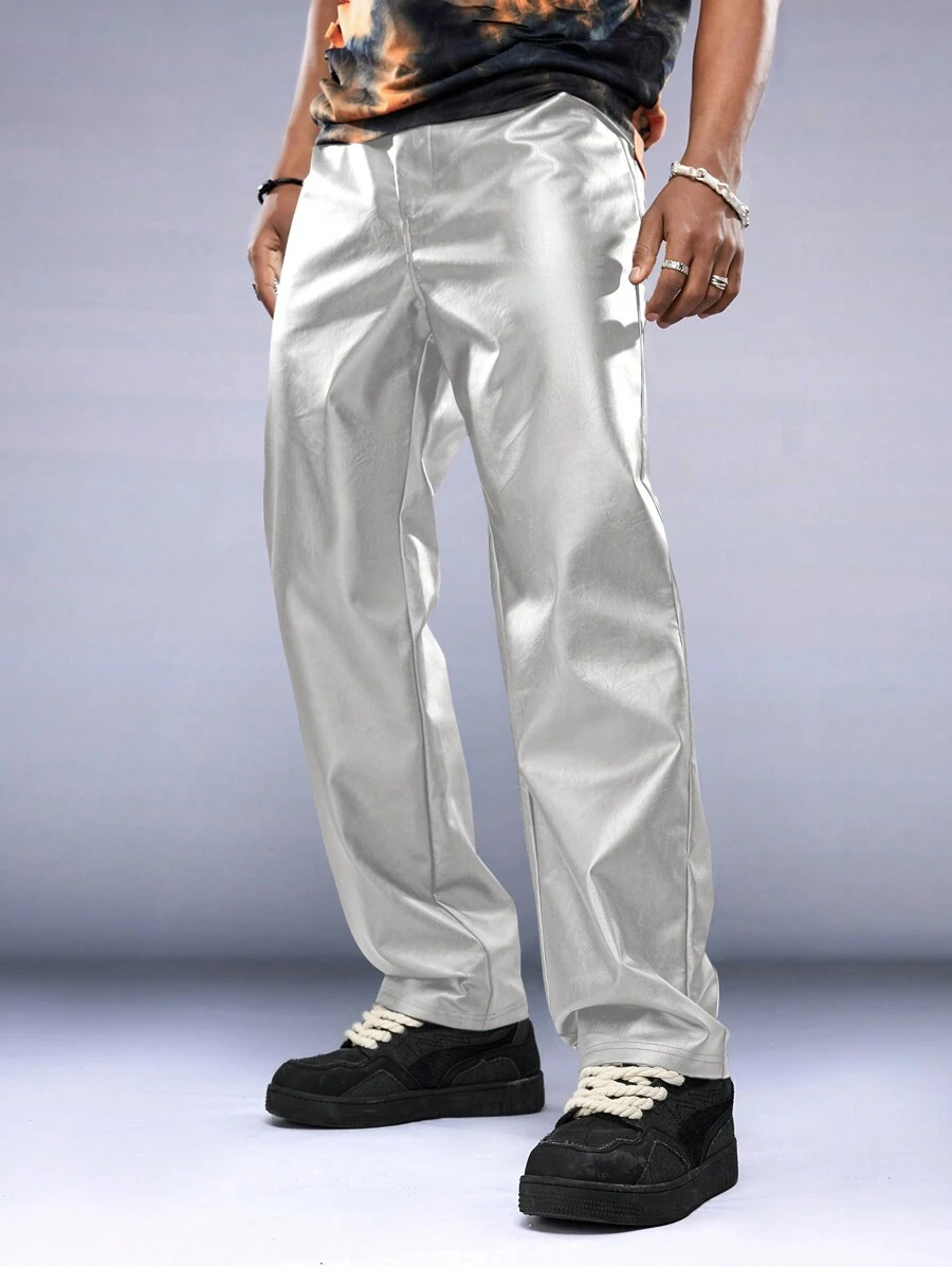 AXEPEAK Men's Casual Minimalist Metallic Woven Straight Leg Pants, Streetwear Style, Fall/Winter - Silver - View 1