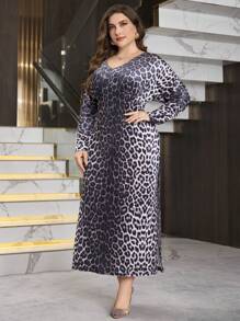 Modelyn Plus Size Style Raglan Sleeve Leopard Print Długa aksamitna sukienka Maxi Women Outfit Długie wieczorowe sukienki