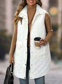 EMERY ROSE Áo khoác không tay có túi trước khóa kéo màu trơn dành cho nữ, mùa đông - trắng - Xem 1
