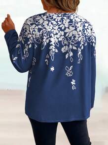 EMERY ROSE Plus Size Notch Neck Floral Print Casual Long Sleeve T-Shirt Graphic Tees Women Tops For Spring - Royal Blue - View 2