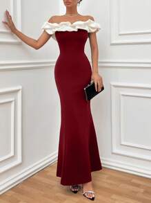 EURMUSE Two Tones Off Shoulder Ruffle Trim Bodycon Dress, Elegant Dress Dinner Date Red And White Summer - Burgundy - View 7