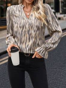 TrendSteals Women's Autumn Season V-Neck Ruffle Long Sleeve Allover Print Shirt Fall Cloth For Women - Apricot - View 6
